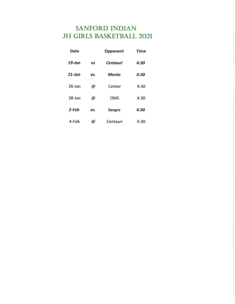 JH Girls Basketball Schedule